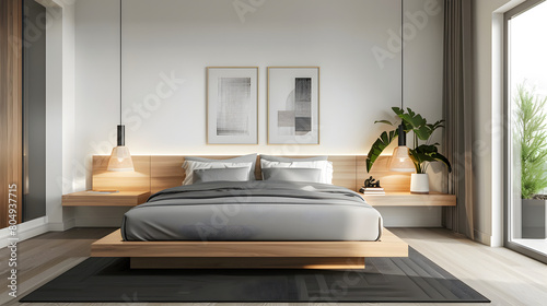 Modern Bedroom Interior: Gray Upholstered Headboard and Bedding, Platform Bed with LED Lighting, Wood Paneled Walls, and Neutral Color Scheme for a Cozy, Sophisticated Atmosphere.