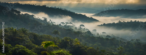 A compelling representation of a misty rainforest landscape, urging for increased conservation efforts, decisive action on climate change, and the advancement of renewable energy technologies. photo