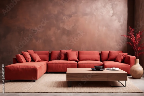  Red modular corner sofa against blank brown stucco wall with copy space. Loft interior design of modern living room, home. 