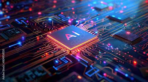 Artificial intelligence chip concept attached to digital circuit board, Generative Ai illustration photo