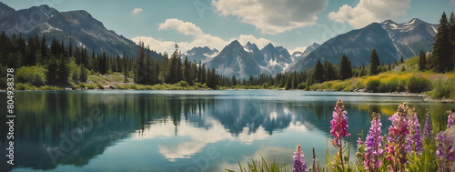 a mountain lake, with towering peaks reflected in the crystal-clear waters and colorful wildflowers blooming along the shoreline in a vintage aesthetic. photo
