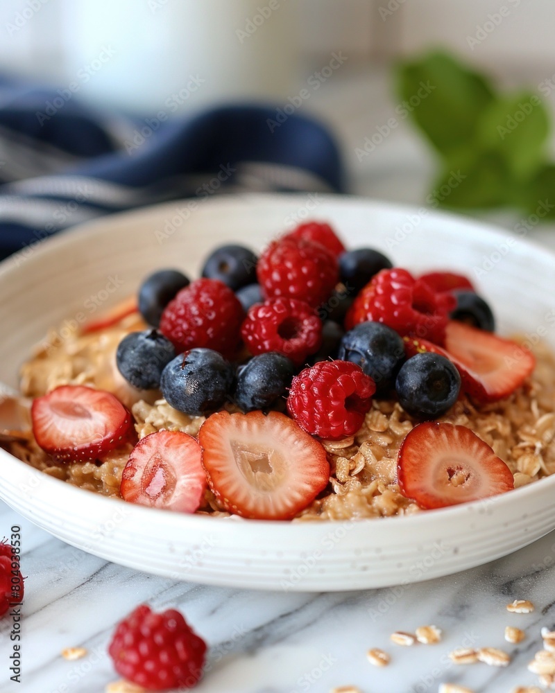 a bowl of oatmeal with raspberries , blueberries and strawberries on top