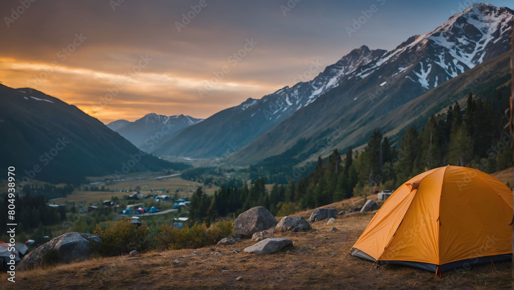 A picturesque scene unfolds in the mountains, with a tent standing prominently in the foreground of a tourist camp.