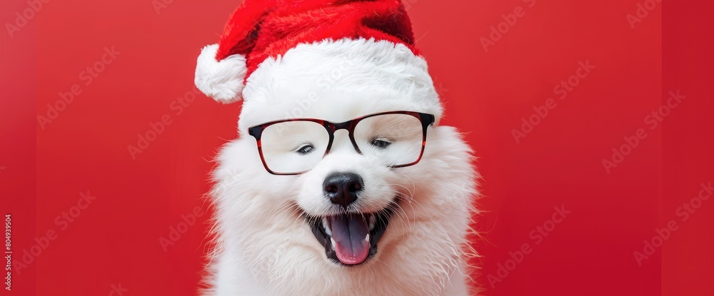 White funny Samoyed puppy dog in Santa Claus hat and glasses
