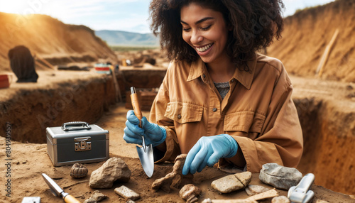 female African American archaeologist at an excavation site, showing mixture of excitement and focus