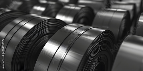 Rolls of metal sheet. Zinc, aluminum or steel sheet rolls on warehouse in factory. 3d illustration 