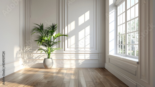 Bright and Airy Room with Large Windows and Herringbone Wooden Floor: A Modern, Inviting Space with Natural Light and a Touch of Greenery.
