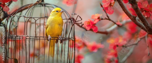 yellow canary bird inside cage photo