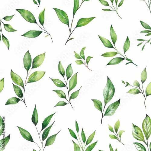 A seamless botanical watercolor illustration featuring a variety of green leaves  perfect for backgrounds  textiles  and eco-friendly concepts