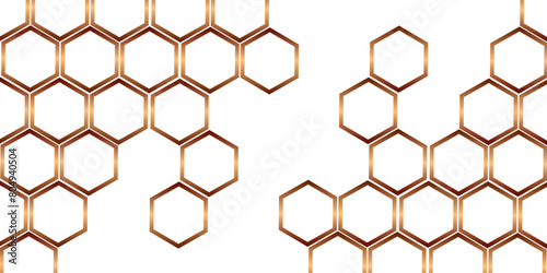 White Hexagonal background with golden light. Hexagon technology white and gold colored honeycomb abstract background. Dark 3d geometric texture illustration. Bright grid pattern. 