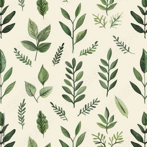 A seamless botanical watercolor illustration featuring a variety of green leaves  perfect for backgrounds  textiles  and eco-friendly concepts