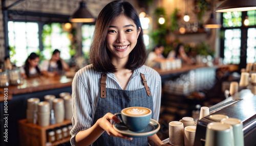 joyful Asian young woman barista  with smile that reflects the welcoming nature