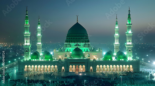 Milad-ul-Nabi Mubarak card with dome and minaret of Masjid Nabawi in dark background Prophet Muhammad's Birthday High quality photo photo