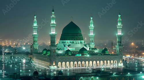 Milad-ul-Nabi Mubarak card with dome and minaret of Masjid Nabawi in dark background Prophet Muhammad's Birthday High quality photo