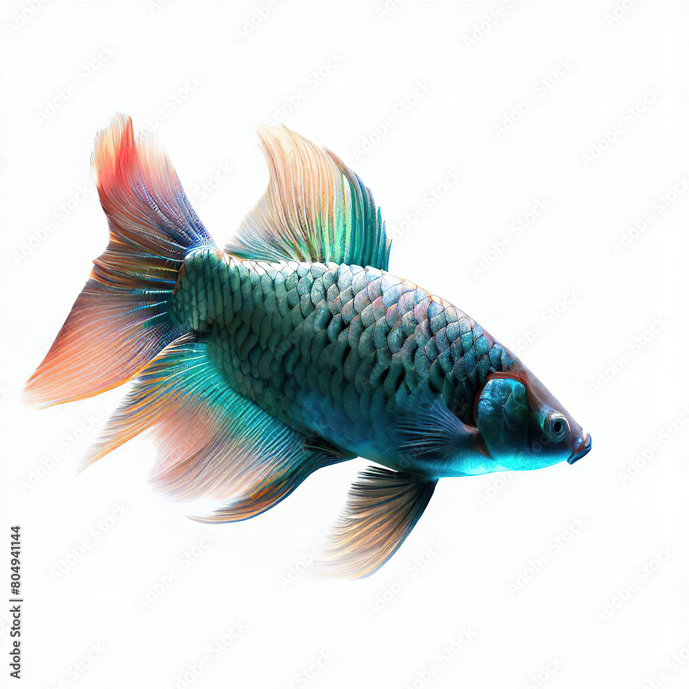 Fototapeta premium an isolated colorful fish on a white background, created with AI technology.