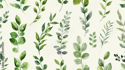 A seamless botanical watercolor illustration featuring a variety of green leaves, perfect for backgrounds, textiles, and eco-friendly concepts