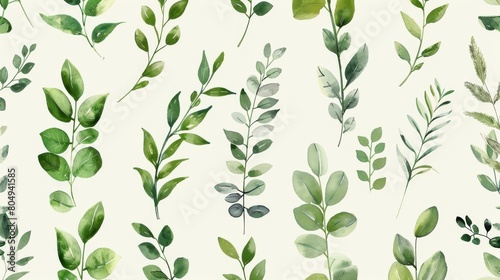 A seamless botanical watercolor illustration featuring a variety of green leaves  perfect for backgrounds  textiles  and eco-friendly concepts