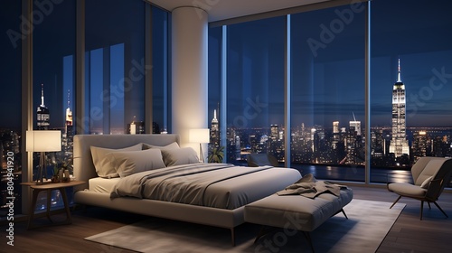 A luxurious bedroom retreat with a plush king-sized bed, soft bedding, and floor-to-ceiling windows offering panoramic views of the city skyline.