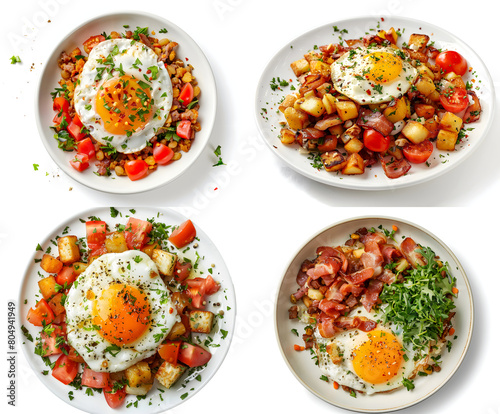 The four plates of food you've described all showcase dishes with eggs as a prominent ingredient, likely served for breakfast or brunch. Here's a detailed breakdown of each plate