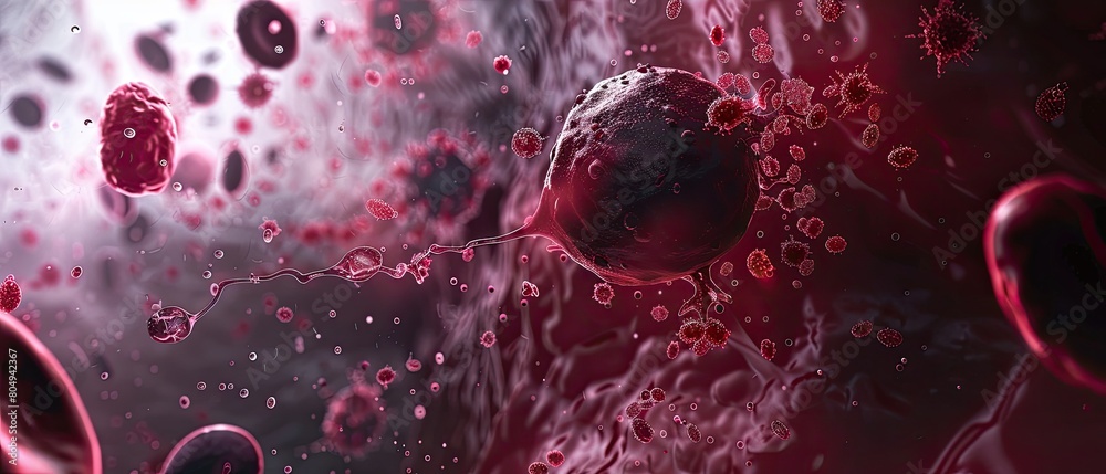Detailed 3D visualization of cancer cells interacting with immune cells ...