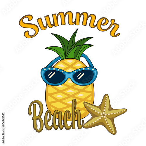 Pineapple in sunglasses and starfish vector illustration on white background, t-shirt print, sticker, poster and other fun summer design.