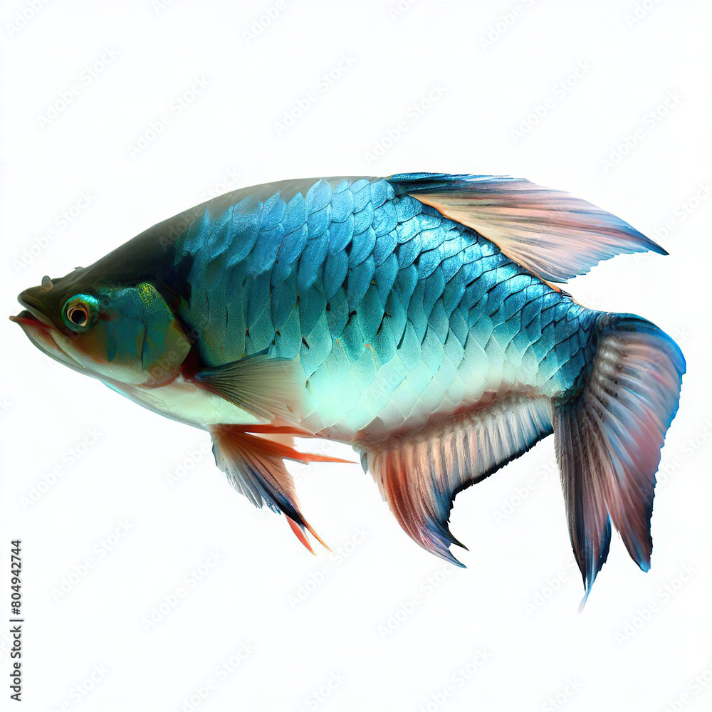 Fototapeta premium an isolated colorful fish on a white background, created with AI technology. 