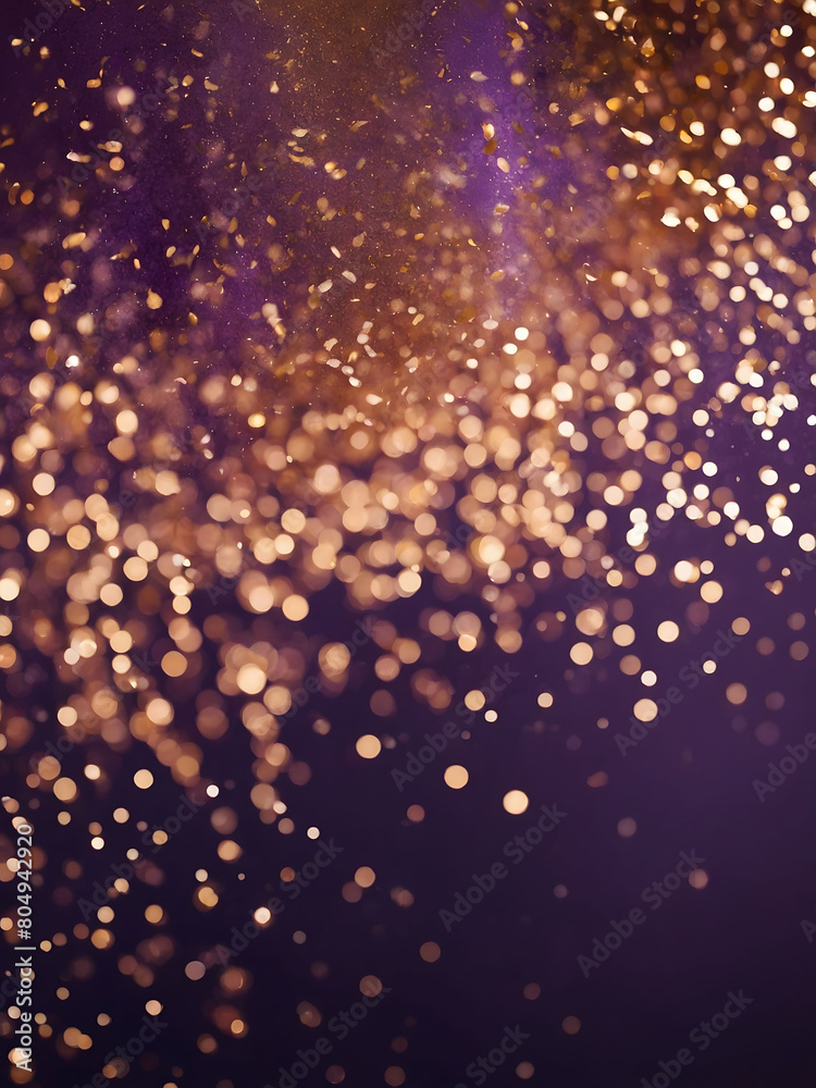 Abstract Background with Royal Purple and Rose Gold Particles. Christmas Rose Gold Light Shine Particles Bokeh on Purple Background. Rose Gold Foil Texture.