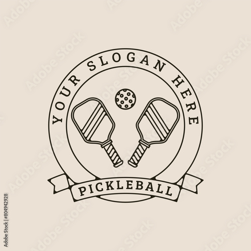 pickleball tournament line art logo with emblem, rackets and ball vector illustration minimalist design.