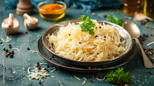 Plate with tasty sauerkraut on color background