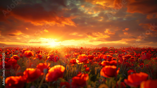 A field of red flowers with a bright orange sun in the sky
