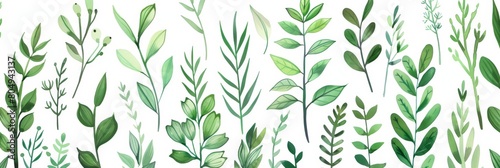 A seamless botanical watercolor illustration featuring a variety of green leaves  perfect for backgrounds  textiles  and eco-friendly concepts