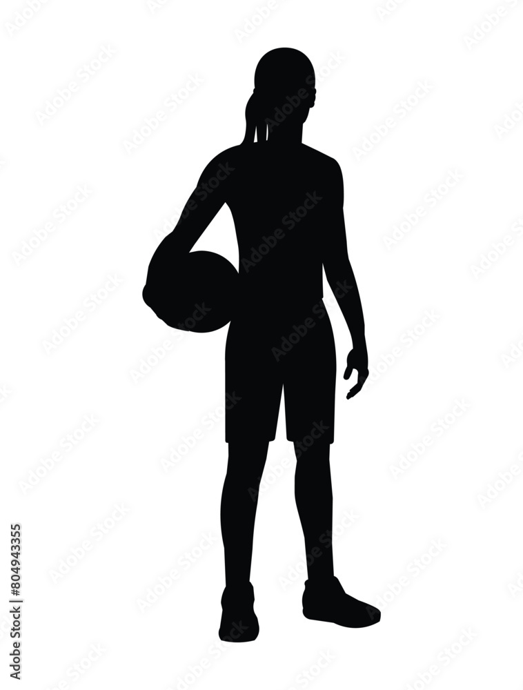 Black silhouette of a women's basketball girl player who stands with the ball straight