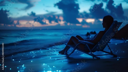 A solo sleep tourist takes in the breathtaking view of the bioluminescent waters while dozing off in a comfy beach chair completely relaxed and at peace. .