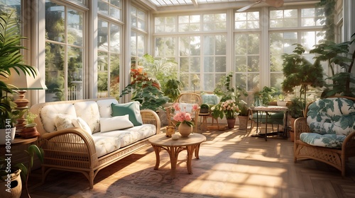 A sunlit conservatory with floor-to-ceiling windows  botanical prints  and wicker furniture  creating an indoor garden oasis bathed in natural light.