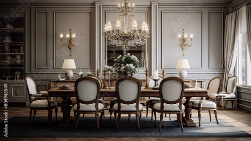 A timeless formal dining room with a grand chandelier, polished wood table, and elegant upholstered chairs, perfect for hosting memorable dinner parties. © Ansar