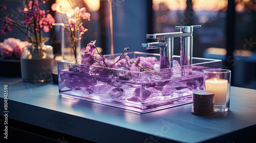 A Bathroom Sink Made From Purple Crystal with Faucet Blurry Background
