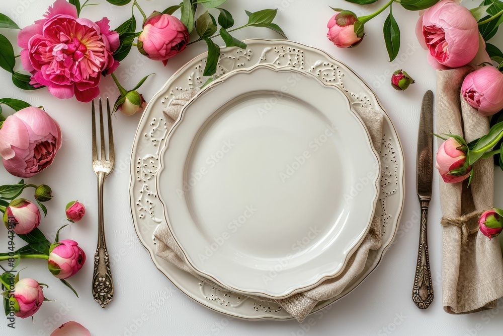 Table setting with pink peonies on white background. Flat lay, top view