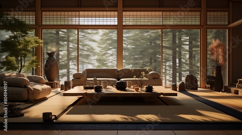 A zen-inspired living room with Japanese shoji screens, tatami mats, and bonsai trees, creating a serene and harmonious space for relaxation.