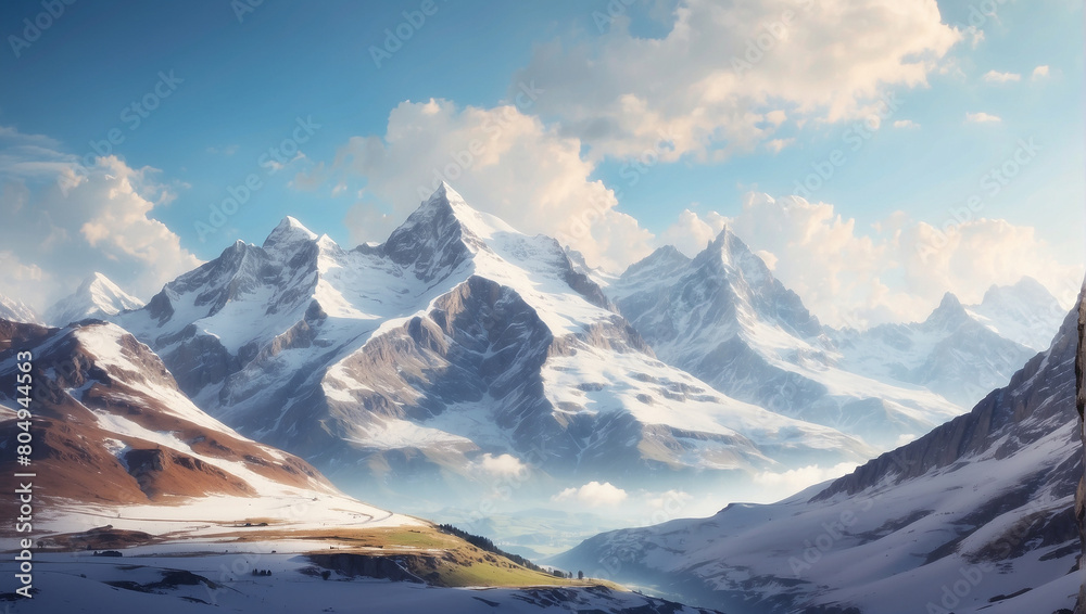 snow-capped mountains with a blue sky and white clouds in the background.