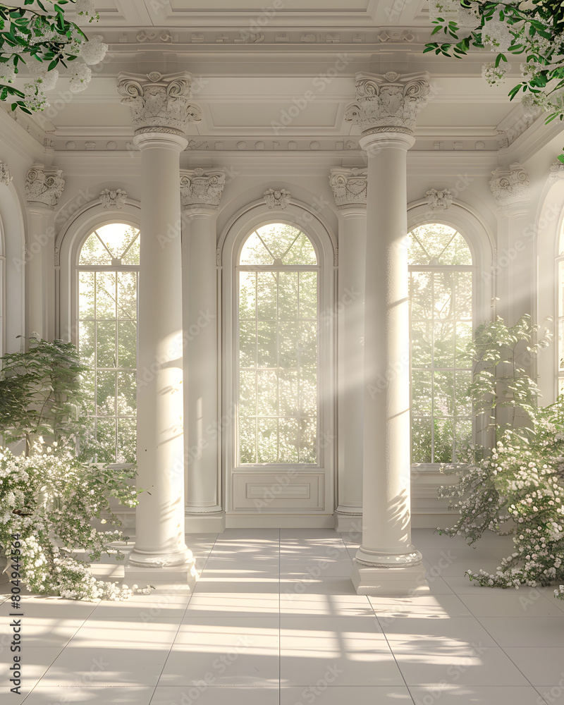 Naklejka premium An artistic room with symmetrical columns, arched windows, and lush plants creating a green facade within the building