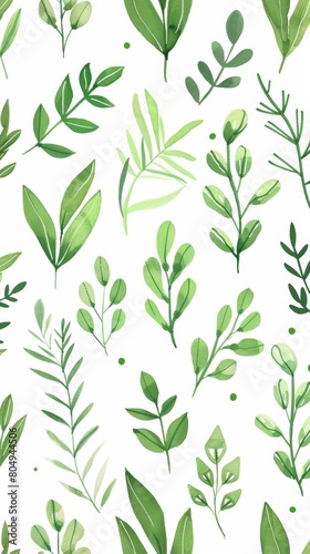 A seamless botanical watercolor illustration featuring a variety of green leaves, perfect for backgrounds, textiles, and eco-friendly concepts