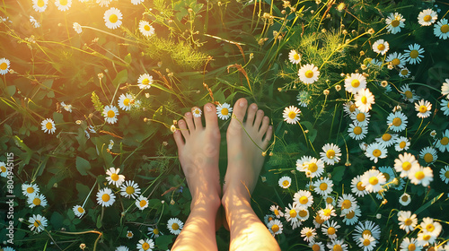 Fototapeta Naklejka Na Ścianę i Meble -  beautiful woman's feet in daisy field, view from above, beautiful sunlight, top down perspective, summer meadow with flowers, professional photography, soft light, high resolution, hyper realistic 