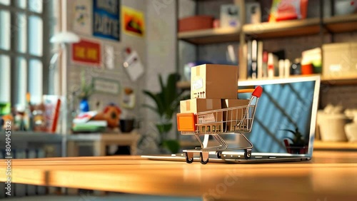 Wallpaper Mural A cart full of boxes near a laptop computer, online shopping concept Torontodigital.ca