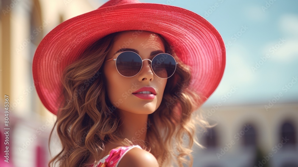 Beautiful young woman smiling happily at the sun wearing a big hat, vacation and travel concept.