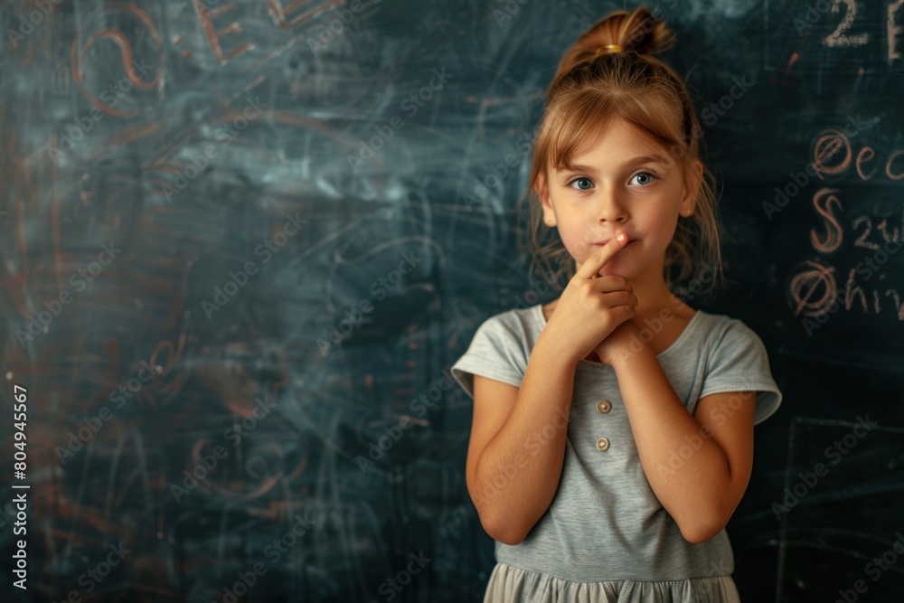 Blond girl happily covers mouth with arm while standing by blackboard
