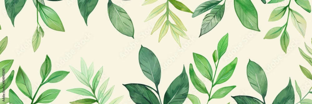 Fototapeta premium A seamless botanical watercolor illustration featuring a variety of green leaves, perfect for backgrounds, textiles, and eco-friendly concepts