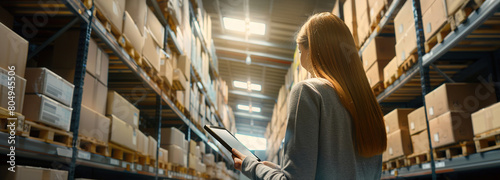 Ecommerce and website business, woman with a tablet, boxes and connection with communication, warehouse.