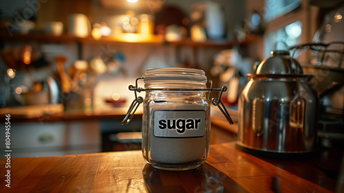 A large jar labeled "sugar" is clearly displayed on the kitchen table, Ai generated Images