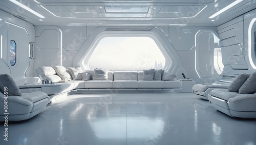 The design of a white living room on a spaceship, starship, or planet. Inside the internal compartment of a futuristic spacecraft. Space, science fiction, technology, and future