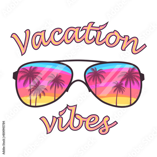 Sunglasses with reflection of palm trees on colorful tropical sky, vector illustration isolated on white background, t-shirt print, sticker, poster and other fun summer design.